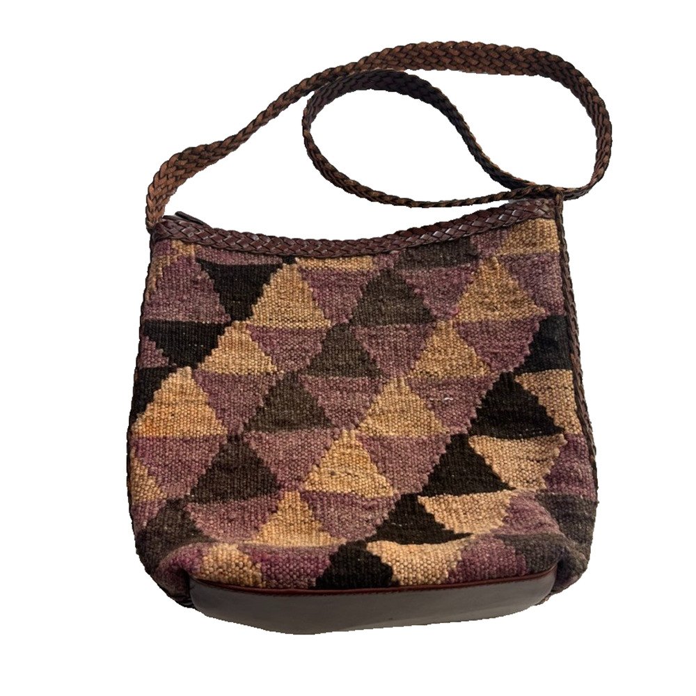 Vintage L J Simone Purse Woven Kilim Shoulder Braided Leather Strap Brown Tan